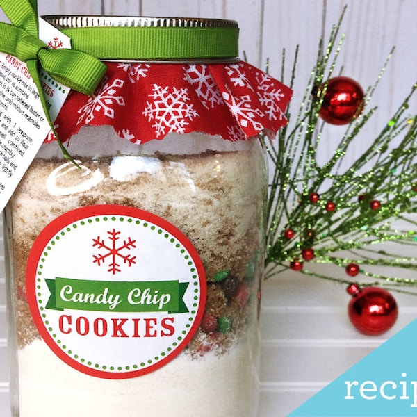 Christmas Cookie Jar Decorations. Cookie mix in a jar recipe with ribbon, fabric, labels tags. 4 recipes available to make your own jar gift