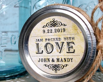 Vintage Jam Packed with Love Wedding Bridal Shower canning jar labels, custom personalized cottage chic round stickers for jam jar favors