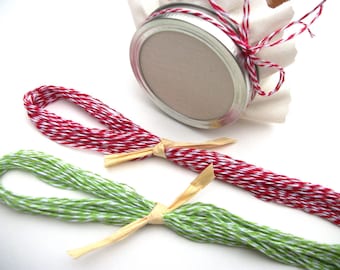 24 Christmas Baker's Twine ribbons for mason canning jars, shower favor jars, gift jars, precut red and green twine pieces for jam jars