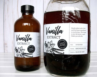 Custom Black & White Vanilla Extract labels, printed rectangle bottle stickers for homemade holiday food gift