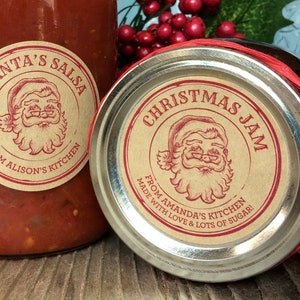 Custom Apothecary Santa Christmas canning labels for jam, jelly, holiday gifts, round personalized printed kraft mason jar stickers