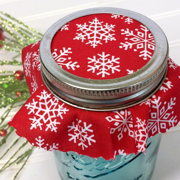 12 Red Snowflake Christmas Jam Jar Covers, holiday fabric cloth toppers for mason jars gifts, food in jelly jars, home food preservation