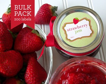 BULK PACK! 200 Cute Strawberry Jam canning labels, printed round mason jar stickers for kitchen pantry, farmer's market, gifts for canners