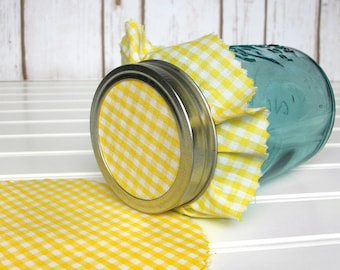 12 Yellow Gingham Jam Jar Covers, Fabric Cloth Toppers for mason canning jars for food preservation, wedding baby shower favor jars
