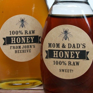 Custom Honey kraft paper canning jar & bottle labels, custom honey labels for backyard beekeepers, personalized round honey stickers