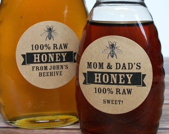 Custom Honey kraft paper canning jar & bottle labels, custom honey labels for backyard beekeepers, personalized round honey stickers
