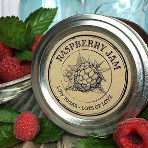 Custom Kraft Apothecary Raspberry canning labels for jam, jelly, sugar scrub & candles, round personalized printed mason jar stickers