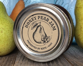 Custom Kraft Apothecary Pear canning labels for jam, jelly, butter, printed round personalized mason jar stickers for candles & sugar scrub