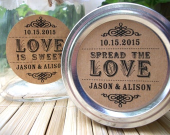 Wedding Spread the Love or Love is Sweet KRAFT paper canning labels, round mason jam jar stickers for rustic wedding bridal shower favors