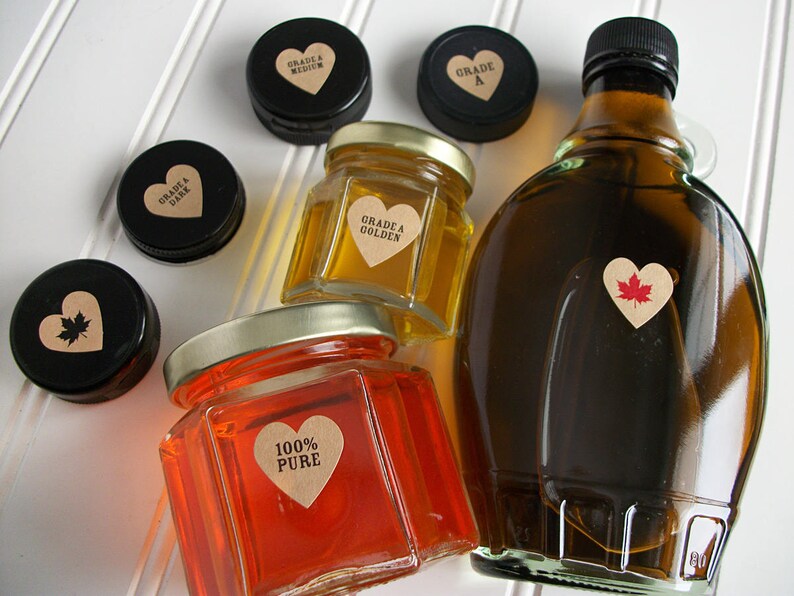 golden medium dark very dark Grade A KRAFT Maple Syrup Color Grade heart labels for bottle caps /& lids red or black maple leaf labels