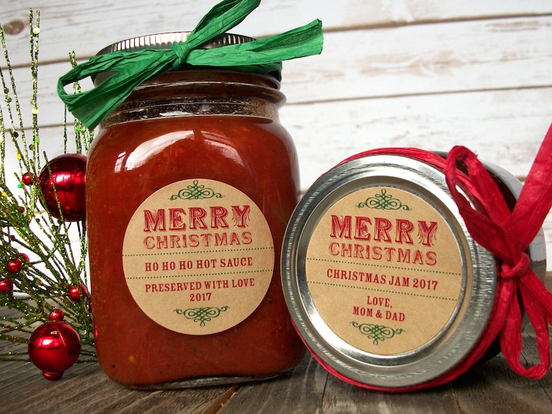 Custom KRAFT Merry Christmas canning jar labels, round holiday gift stickers, personalized mason jar labels, jam and jelly jar labels image 2