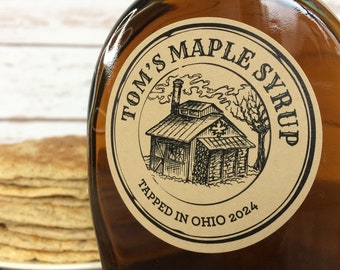 Custom Apothecary Sugar Shack Maple Syrup labels, kraft sap house bottle stickers printed & personalized round canning jar labels