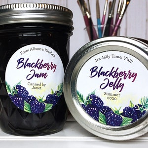 Custom Watercolor Blackberry canning labels, personalized round printed mason jar stickers for home canned jam jelly fruit preserves
