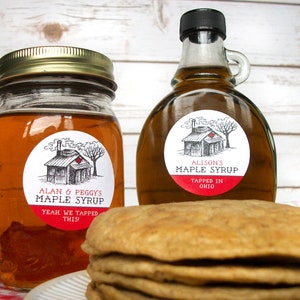 Custom Sugar Shack Maple Syrup Labels for backyard sugaring gifts, customized printed round canning jar & bottle stickers with sap house art image 2