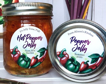 Custom Watercolor Pepper canning labels, round printed mason jar stickers for hot jelly, jam, candied, pickled, & hot sauce bottles