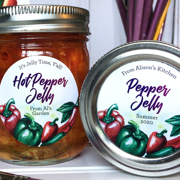 Custom Watercolor Pepper canning labels, round printed mason jar stickers for hot jelly, jam, candied, pickled, & hot sauce bottles