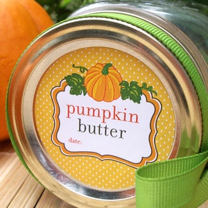 Pumpkin Butter canning jar labels, round mason jar stickers for vegetable preservation, regular or wide mouth mason jar labels image 1