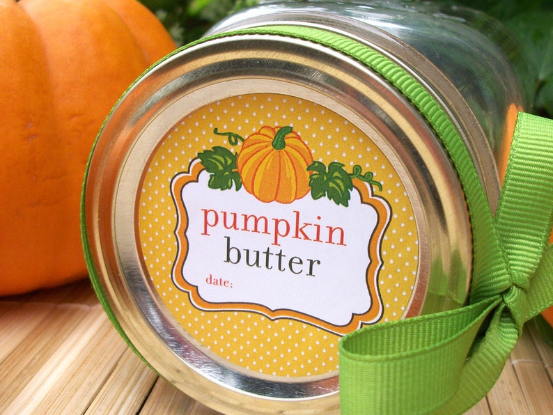 Pumpkin Butter canning jar labels, round mason jar stickers for vegetable preservation, regular or wide mouth mason jar labels image 1