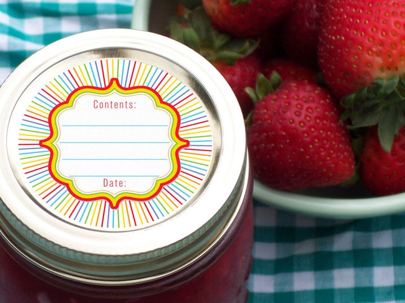 Rainbow canning jar labels, round mason jar labels for fruit & vegetable preservation, jam jelly jar labels, colorful kitchen labels image 4