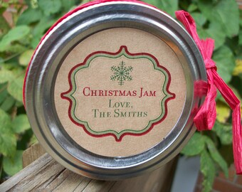Custom kraft Christmas canning jar labels, round personalized holiday gift labels, rustic kraft paper jam & jelly mason jar stickers