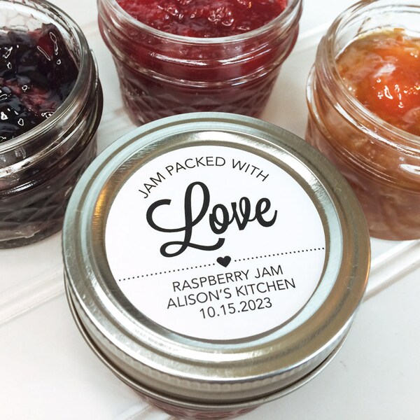 Modern Jam Packed with Love Custom wedding labels, elegant black & white canning stickers for jam jar bridal shower favor anniversary gifts