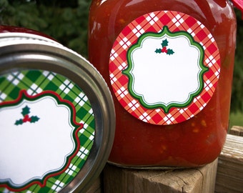 Plaid Christmas labels, round red or green plaid holiday gift stickers, canning jar labels, festive holiday canning labels, gift labels