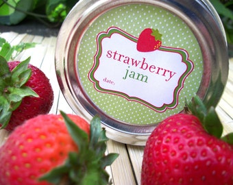 Cute Strawberry Jam canning jar labels, round printed polka dot mason jar stickers, fruit preservation, gifts for canners mom & grandma