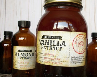 Custom Vintage Extract labels for vanilla, almond, mint, lemon, printed rectangle bottle & mason canning jar stickers for DIY holiday gifts