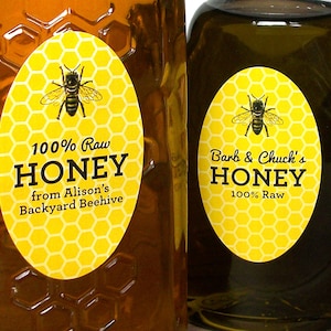 Custom Large Oval Yellow Honey bottle labels, customized stickers for honey bottles & mason jars, gifts for backyard beekeepers, honeycomb