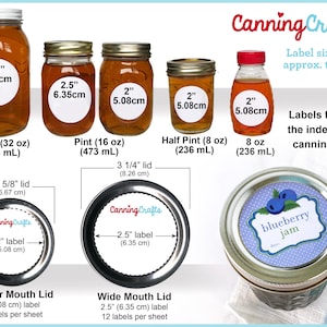 A graphic showing different sizes of canning jars and labels. The graphic shows a 32 oz quart, two 16 oz pint jars, a 8 oz half pint jar, and an 8 oz honey bottle with round canning labels on the fronts showing sizing. The size chart also shows which round labels fit on regular and wide mouth canning jar lids. Labels are from CanningCrafts