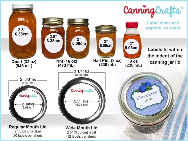 A graphic showing different sizes of canning jars and labels. The graphic shows a 32 oz quart, two 16 oz pint jars, a 8 oz half pint jar, and an 8 oz honey bottle with round canning labels on the fronts showing sizing. The size chart also shows which round labels fit on regular and wide mouth canning jar lids. Labels are from CanningCrafts