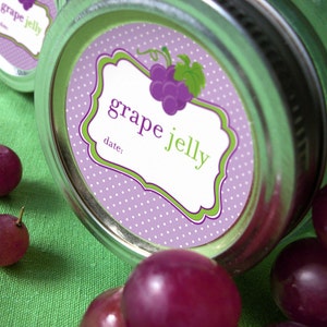 Grape Jelly canning jar labels, round purple mason jar labels for fruit preservation, regular or wide mouth jelly jar stickers image 1