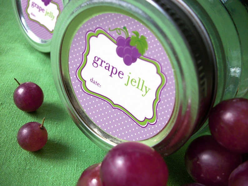 Grape Jelly canning jar labels, round purple mason jar labels for fruit preservation, regular or wide mouth jelly jar stickers image 1