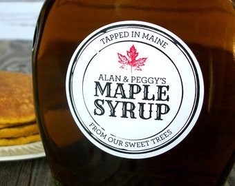 Custom Black Seal Maple Syrup labels, vintage black & white apothecary style stamp sticker with red maple leaf, custom round canning labels