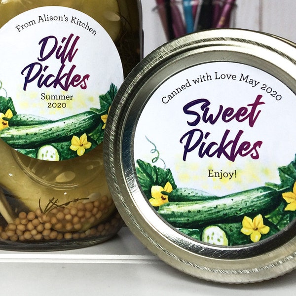 Custom Watercolor Pickle canning labels, round printed personalized mason jar stickers, Dill, Kosher, Sweet, Bread & Butter Pickles, Relish