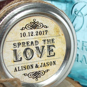 Vintage Spread the Love custom wedding labels, canning labels, personalized round stickers for wedding shower favor, jam & jelly jar labels