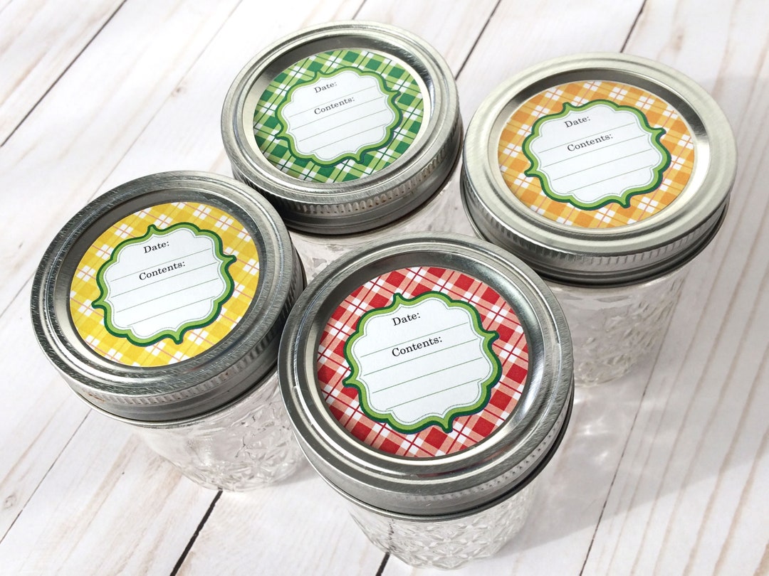 Bright Plaid Canning Jar Labels, Round Mason Jar Labels, Jam & Jelly