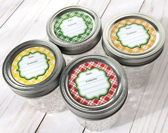 Bright Plaid canning jar labels, round mason jar labels, jam & jelly jar stickers for fruit vegetable preservation, kitchen pantry tags