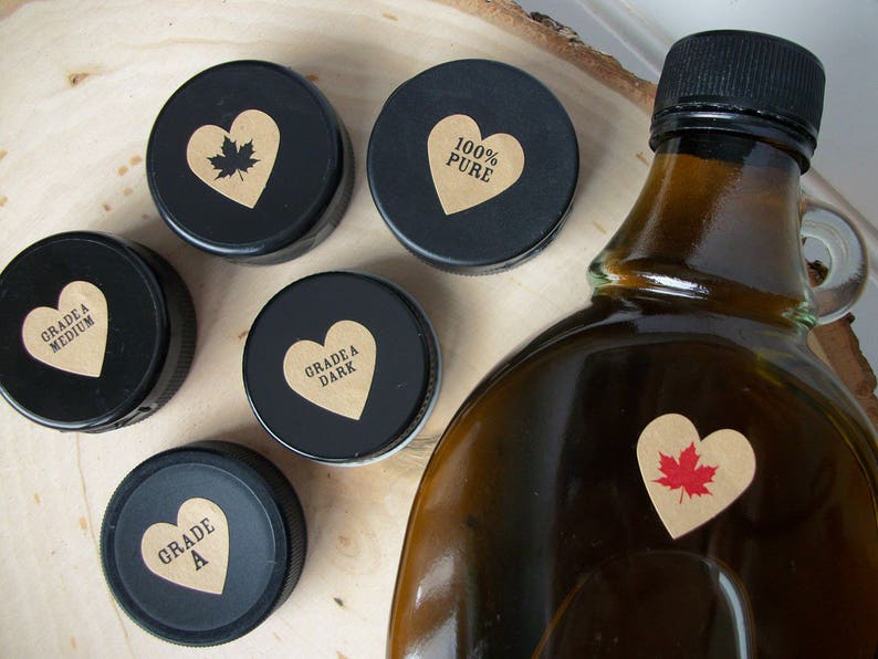 golden medium dark very dark Grade A KRAFT Maple Syrup Color Grade heart labels for bottle caps /& lids red or black maple leaf labels