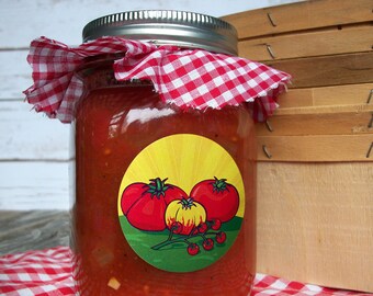Tomato Sunburst canning jar labels, round mason jar labels for salsa sauce juice, regular and wide mouth food preservation sticker gifts