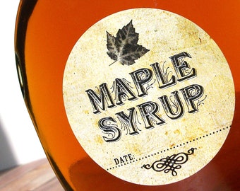 Vintage Maple Syrup bottle labels, round mason jar labels, wedding and shower favor stickers, rustic maple leaf, maple syrup label