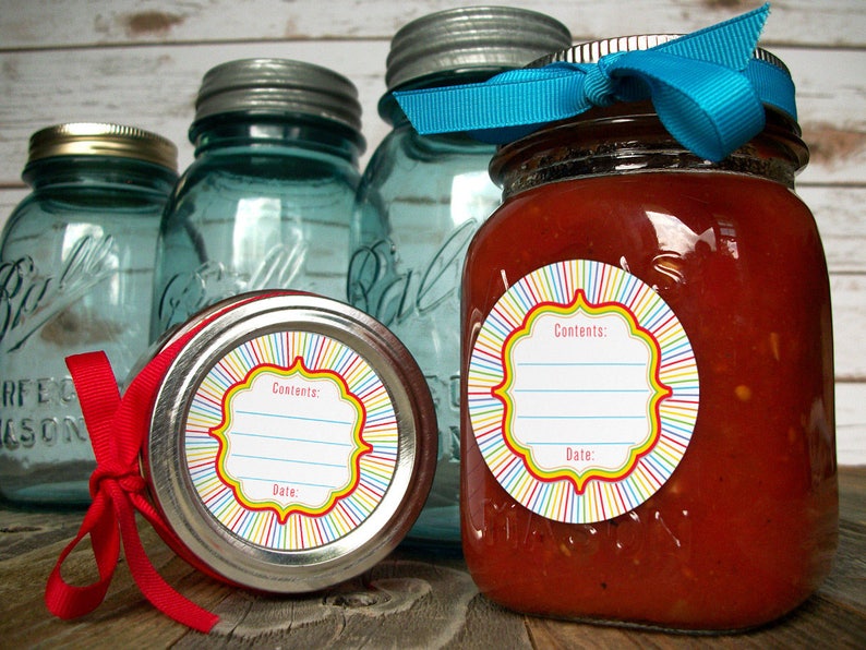 Rainbow canning jar labels, round mason jar labels for fruit & vegetable preservation, jam jelly jar labels, colorful kitchen labels image 2