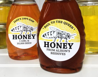 Custom Queen Bee honey labels, round customized printed honey bottle & mason canning jar stickers for backyard beekeeper gifts