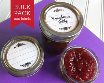 BULK PACK! 200 Scroll canning labels, round black & white vintage ornamental mason jar stickers for kitchen pantry, spices, jam, jelly