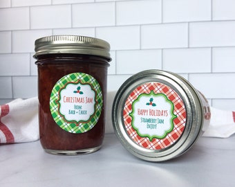 Red & Green Plaid Christmas jam jar labels, personalized printed holiday mason jar food gift stickers