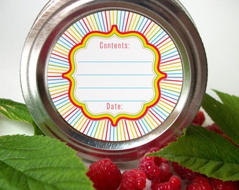 Rainbow canning jar labels, round mason jar labels for fruit & vegetable preservation, jam jelly jar labels, colorful kitchen labels