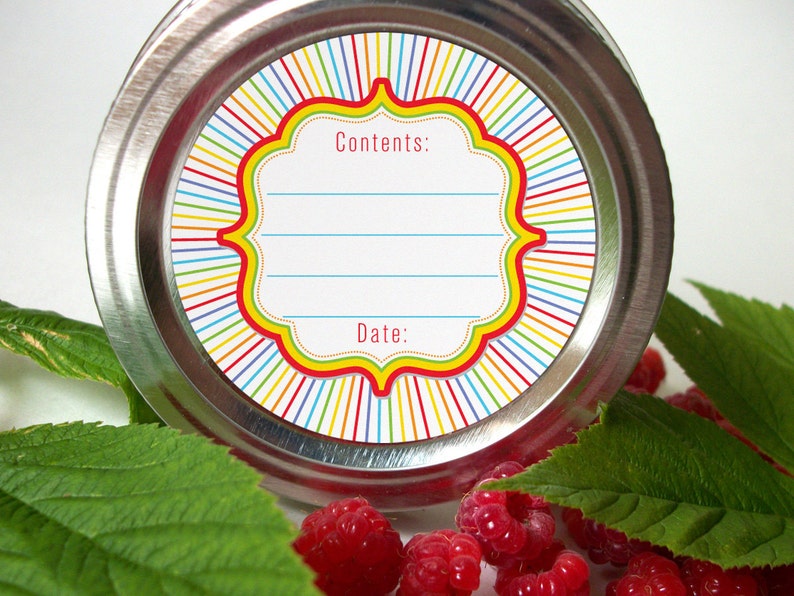 Rainbow canning jar labels, round mason jar labels for fruit & vegetable preservation, jam jelly jar labels, colorful kitchen labels image 1