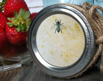 Vintage Honey Bee canning jar labels, round mason jar stickers & honey bottle labels, jam jelly fruit preservation, gifts for beekeepers