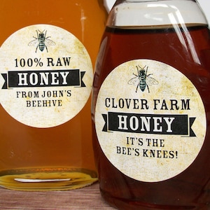 CUSTOM Vintage Honey canning jar and bottle labels, personalized printed round stickers for honey mason jars & backyard beekeepers gifts