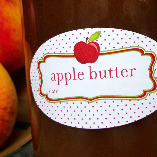 Oval Apple Butter canning jar labels, oval quilted jam jar labels for fruit preservation, oval red apple fruit mason jar labels
